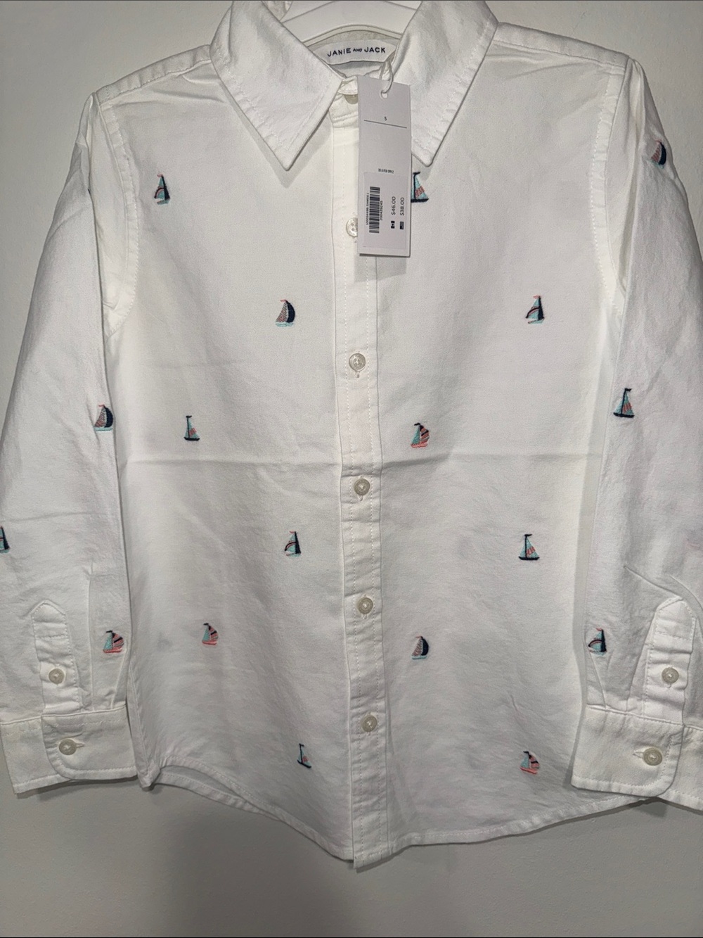 Janie and Jack White Button-Down Shirt with Embroidered Sailboats embroidered
